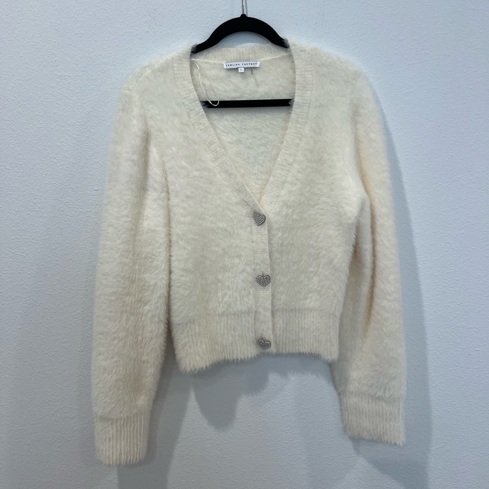 English Factory Cream Fuzzy Cardigan